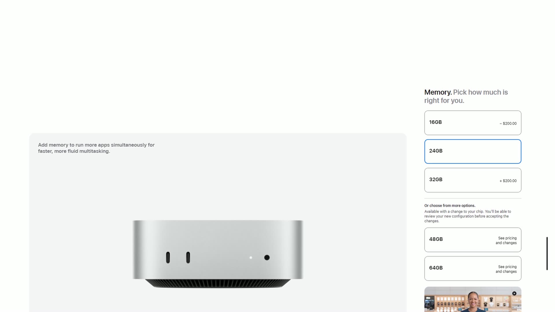 Apple's Mac mini configurator memory step showing 16GB, 24GB and 32GB options with $200.00 price differences
