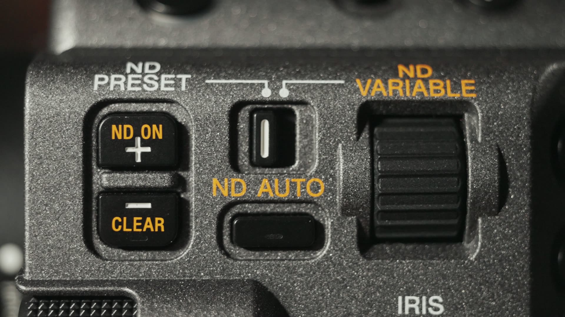 Close-up of the Sony FX6 electronic ND controls showing ND PRESET, ND ON, CLEAR, ND AUTO and ND VARIABLE