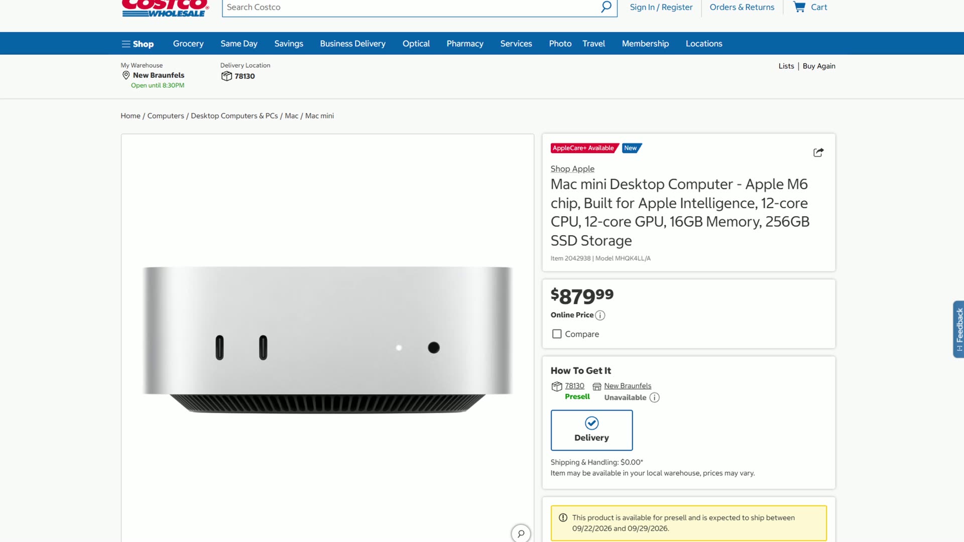 Costco product listing for the Apple Mac mini with M6 chip, 16GB memory and 256GB SSD, priced at $879.99