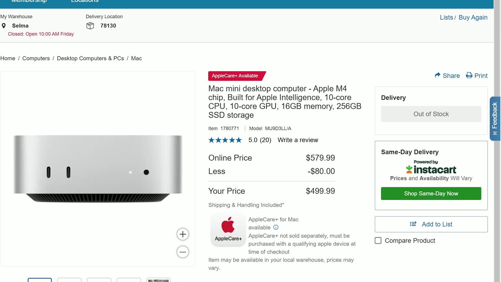 Costco product listing for the Apple Mac mini with M4 chip showing an online price of $579.99 reduced to $499.99