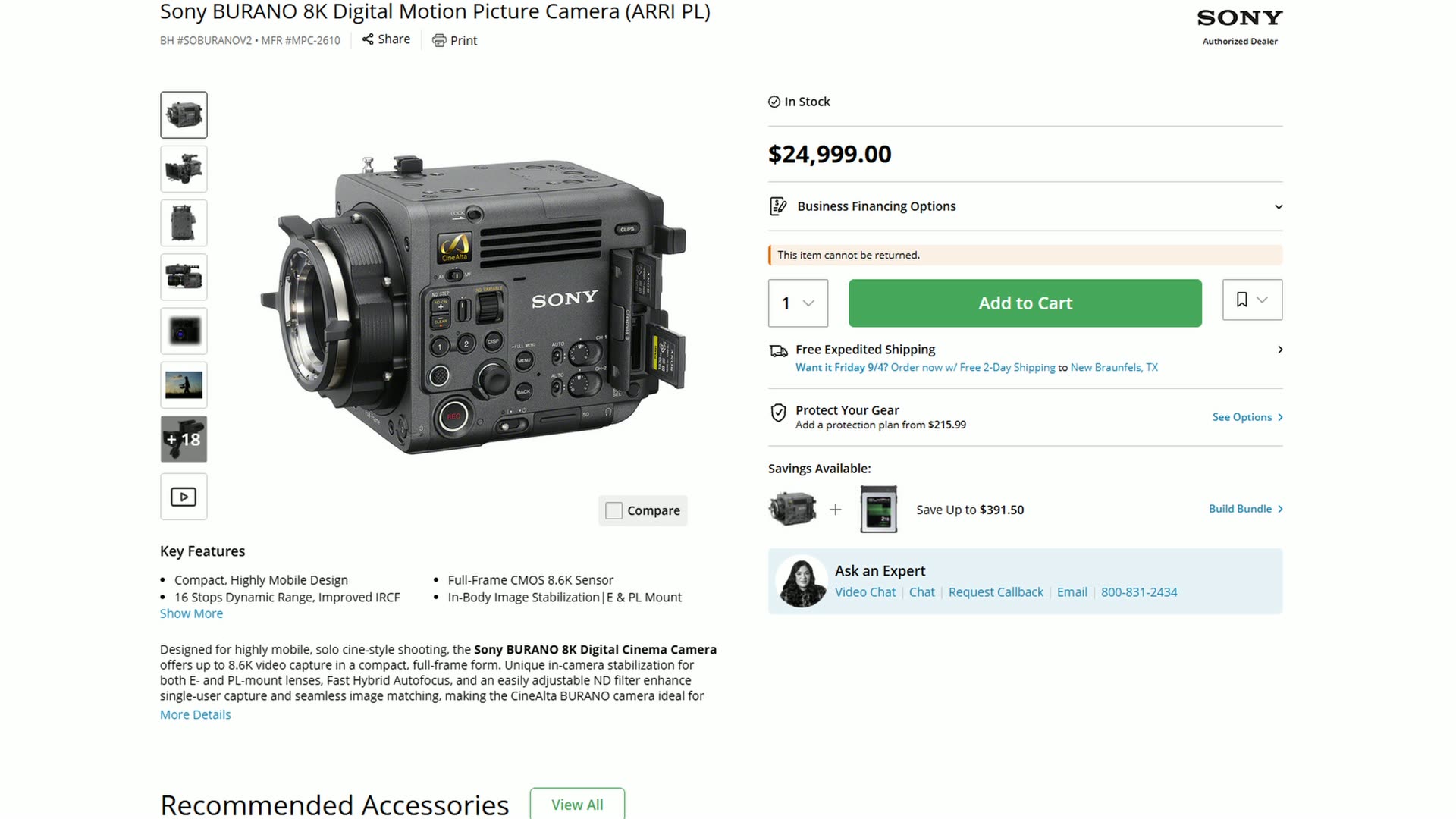 Retailer product page for the Sony BURANO 8K digital motion picture camera listed at $24,999.00