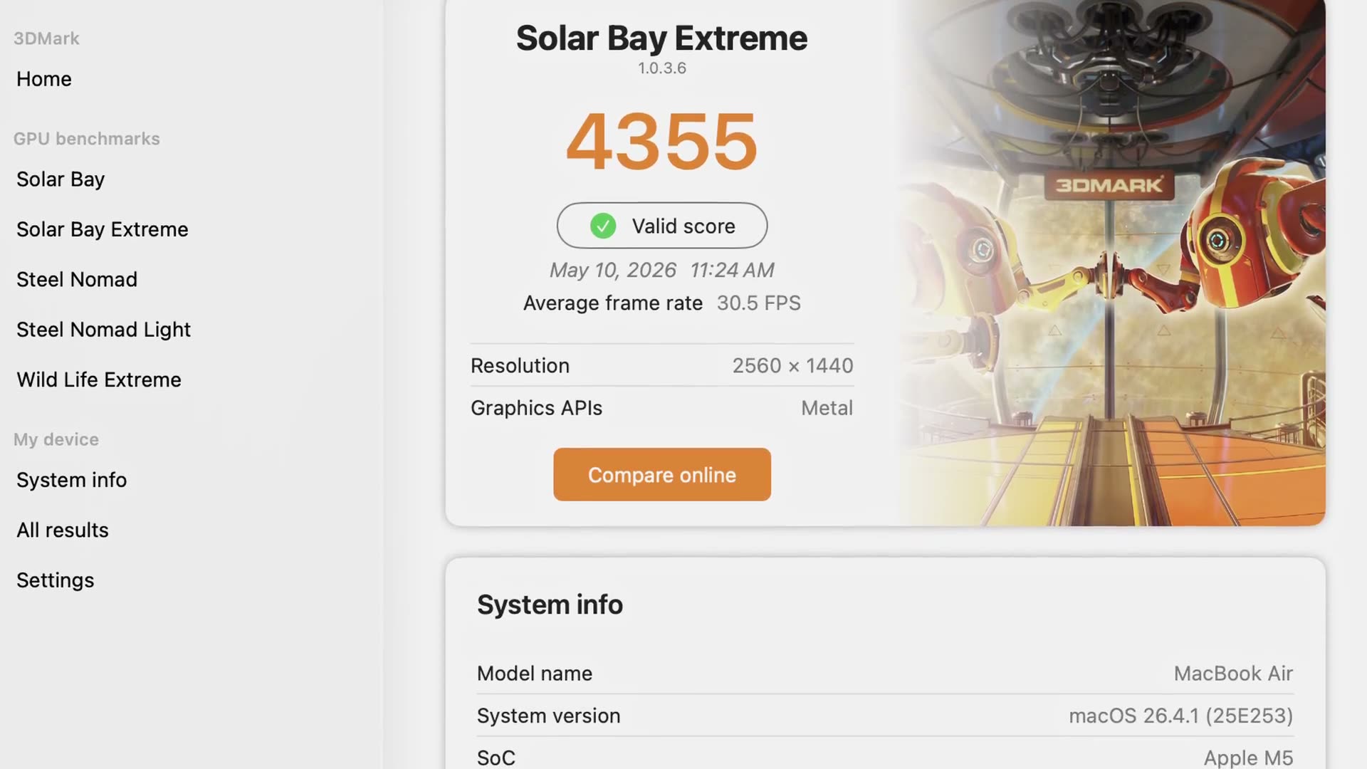 A 3DMark Solar Bay Extreme results screen showing a score of 4355 and an average frame rate of 30.5 FPS after the thermal pad mod