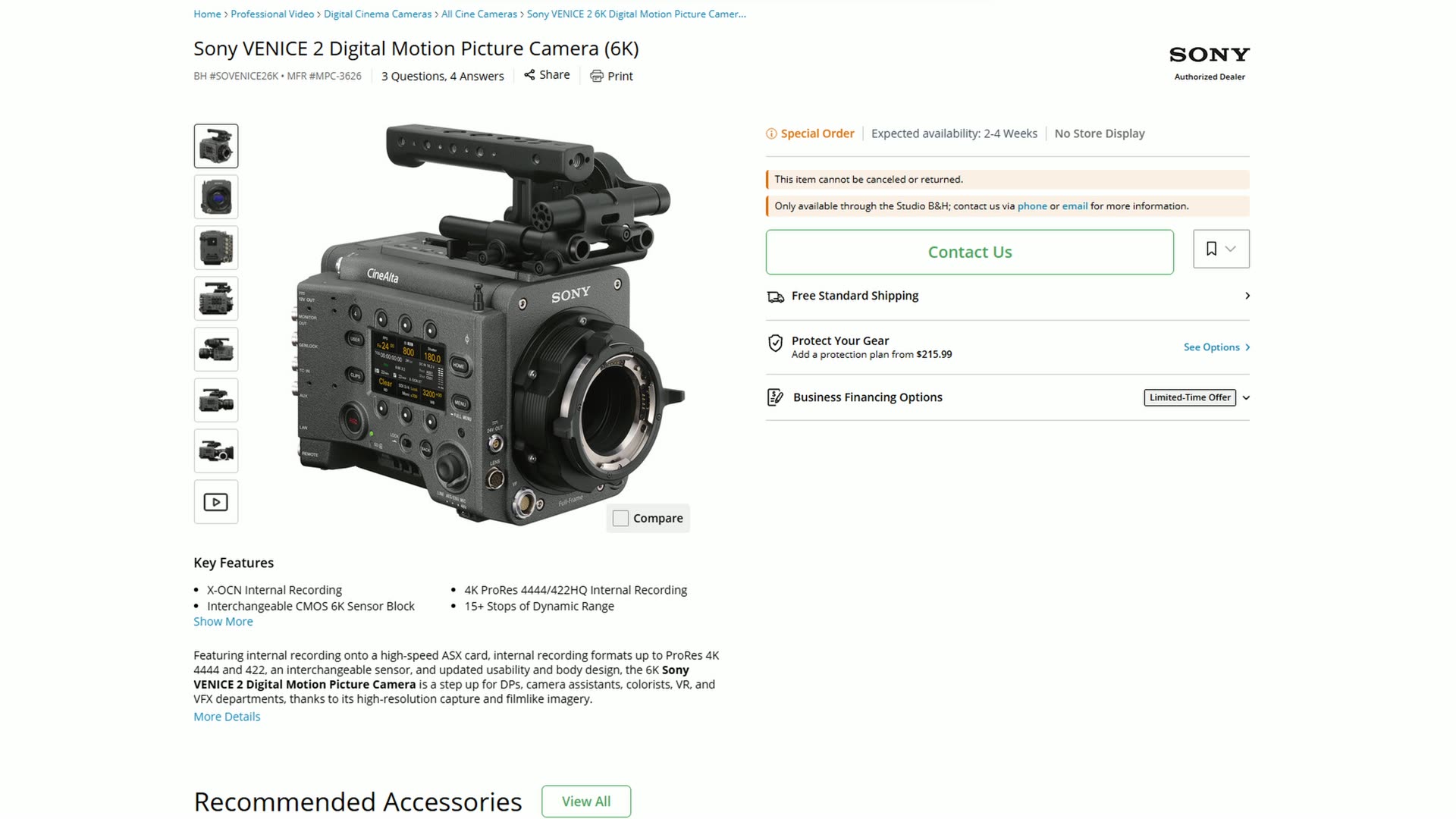 Retailer product page for the Sony VENICE 2 digital motion picture camera, key features listing X-OCN internal recording