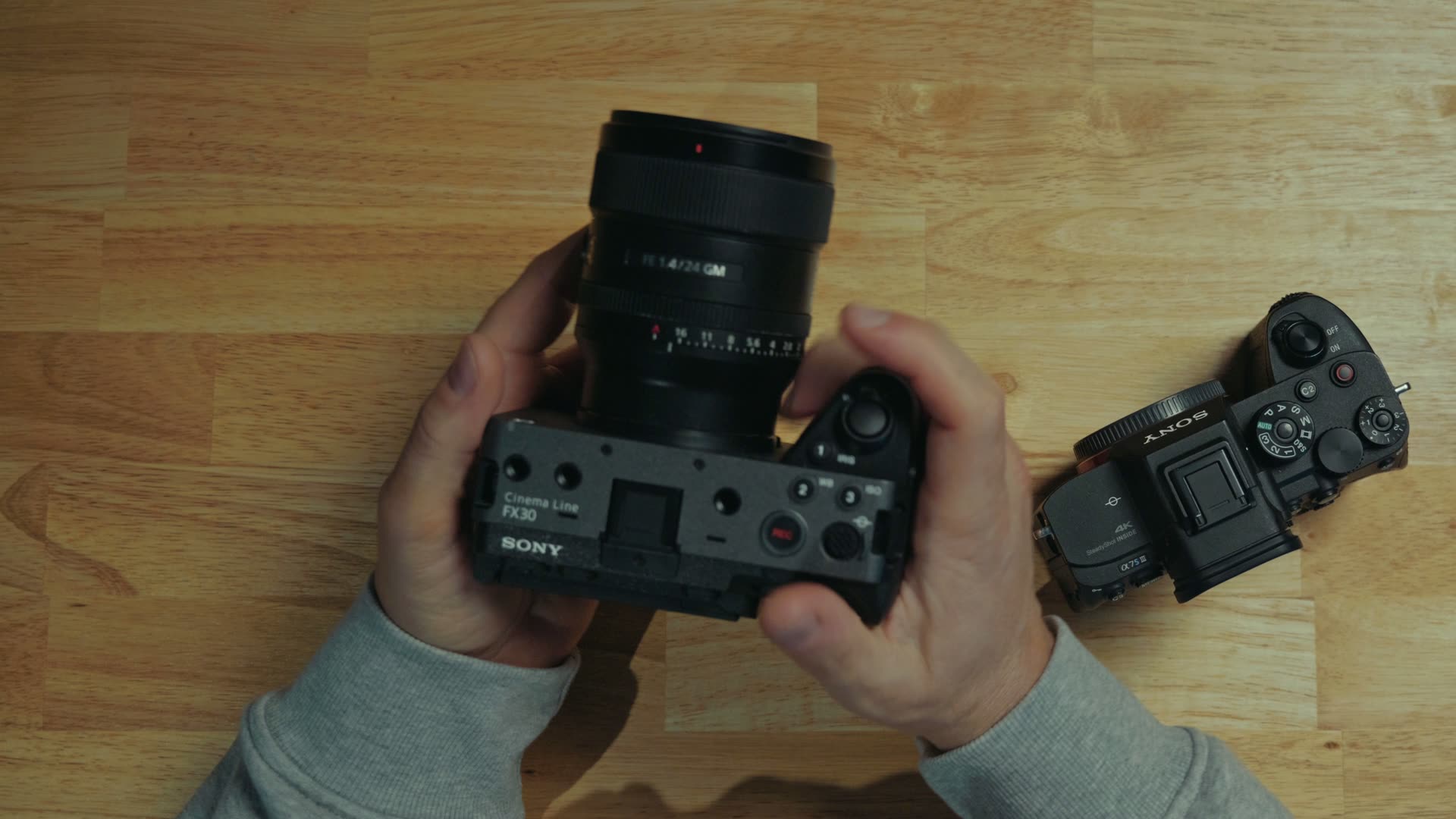 Top-down view of the Sony FX5 in hand showing its grip and top button, next to a Sony Alpha camera