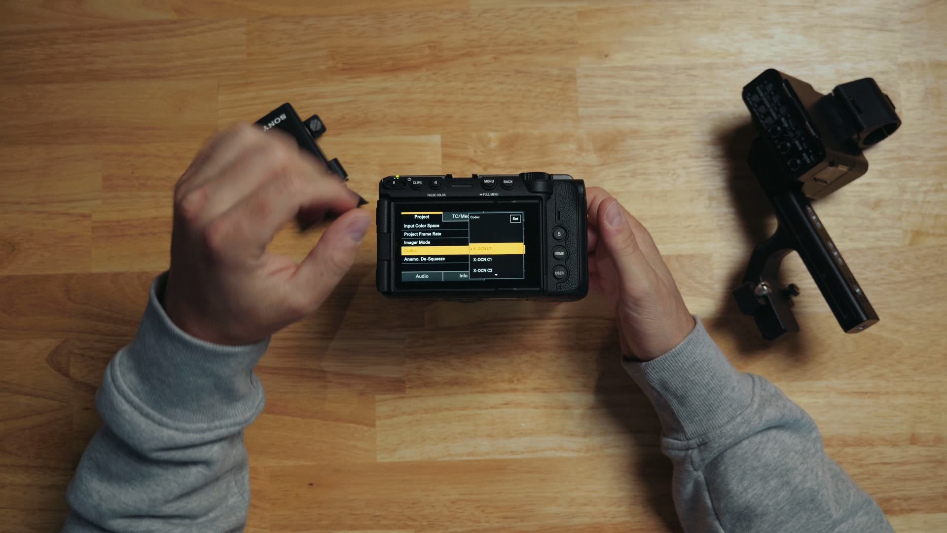 Sony FX5 rear screen showing the Codec menu with X-OCN raw recording options