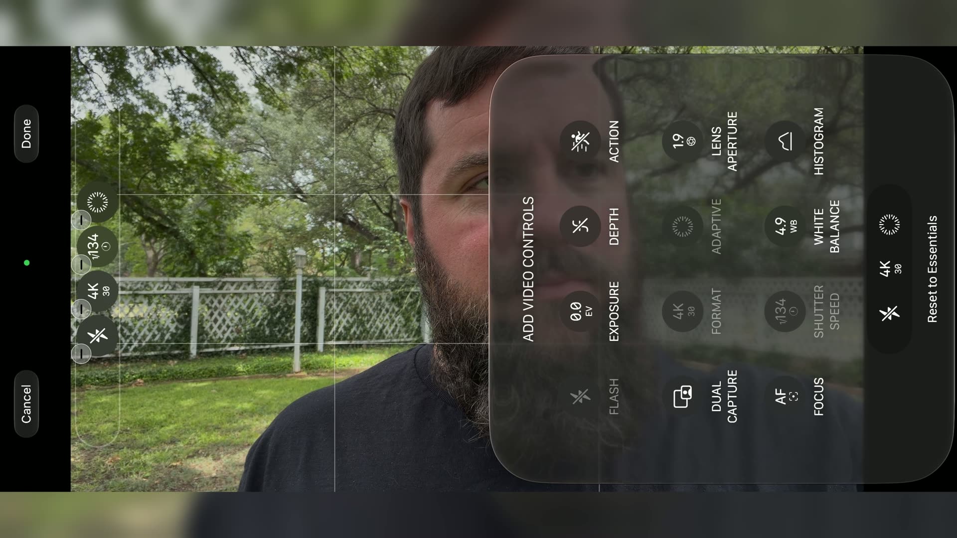 iPhone 18 Pro camera app showing the Add Video Controls panel with exposure, white balance and lens aperture