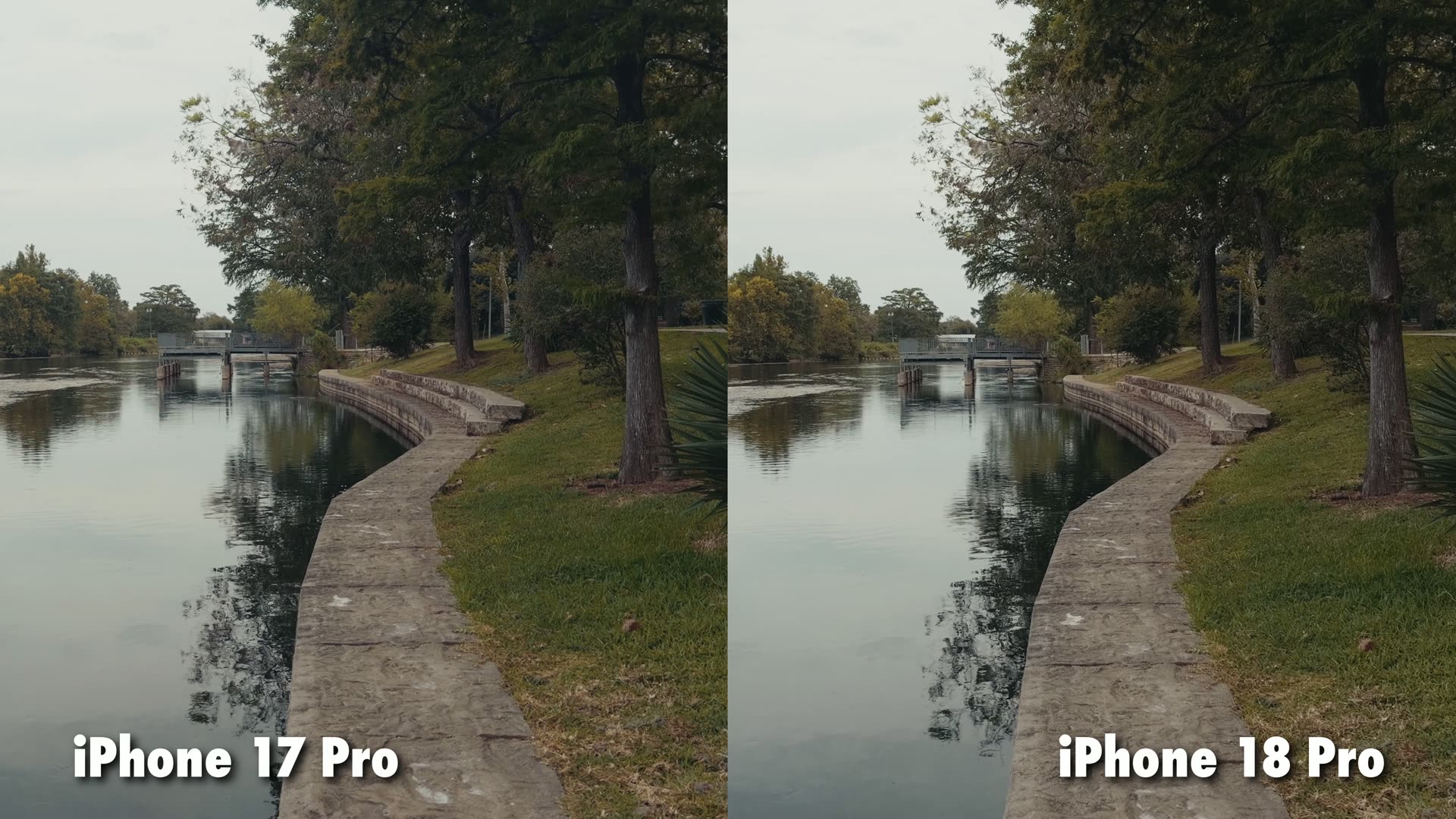 Ungraded iPhone 17 Pro and iPhone 18 Pro footage of a lakeside path shown side by side