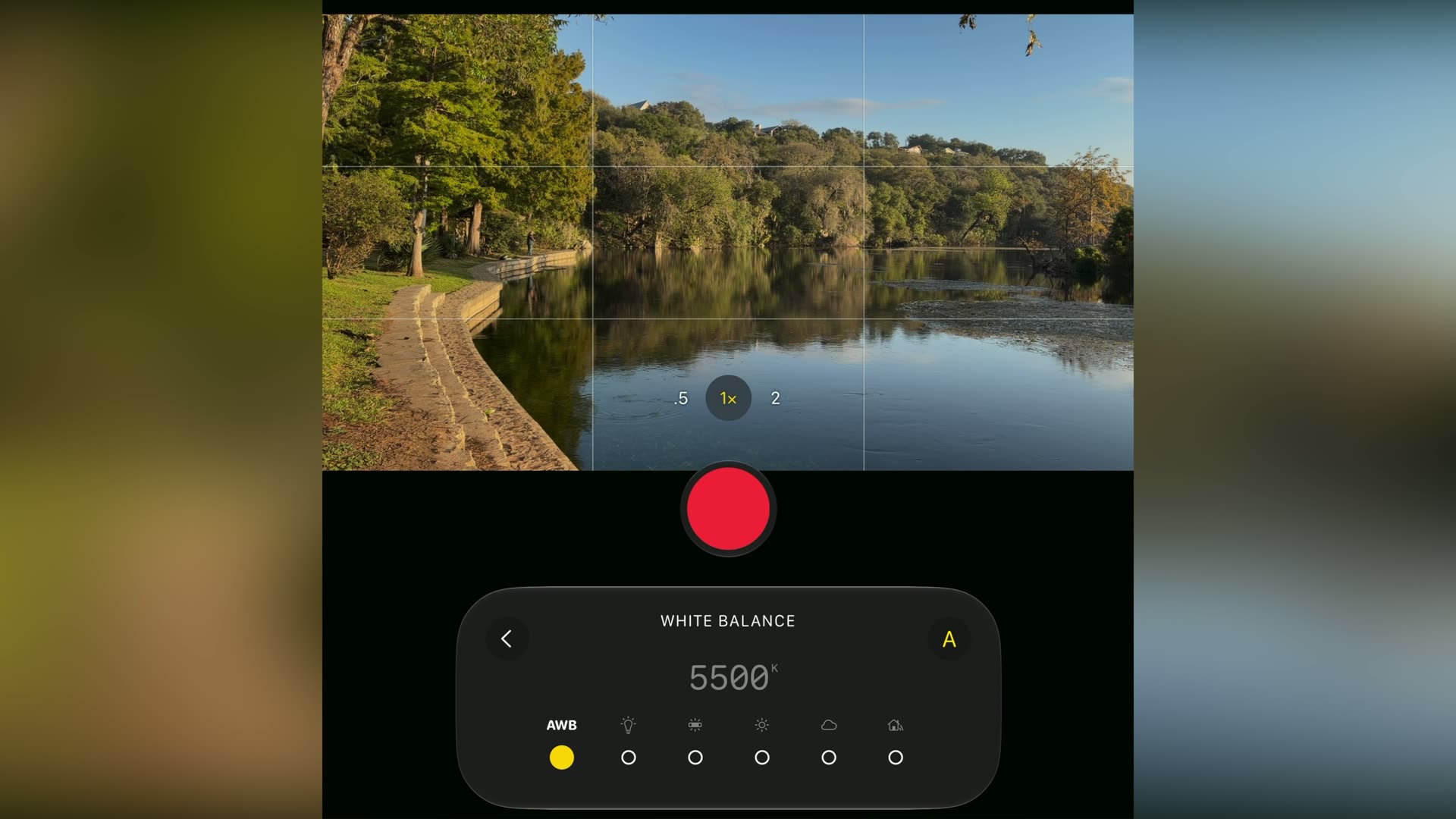 The iPhone Duo camera app with the manual white balance control open and set to 5500K