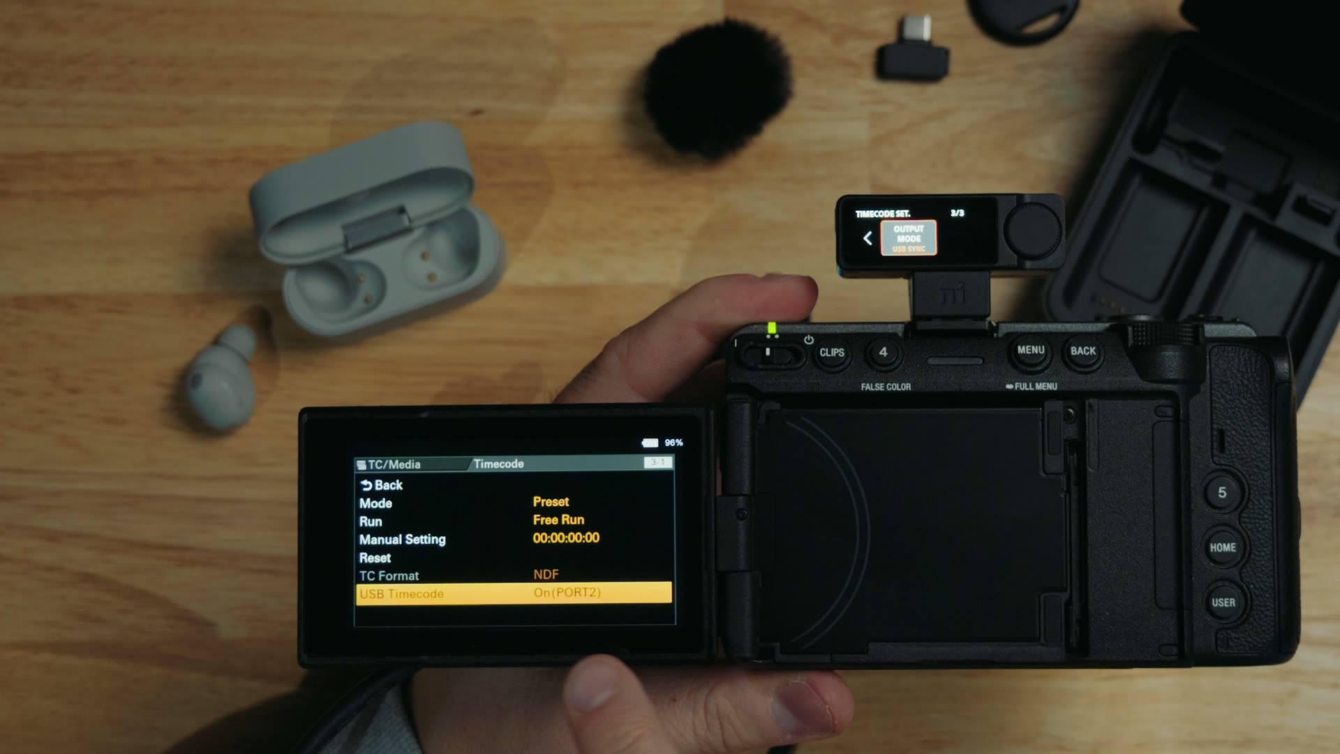 Sony FX5 Timecode menu with USB Timecode highlighted and the ECM-W5 receiver mounted on the camera